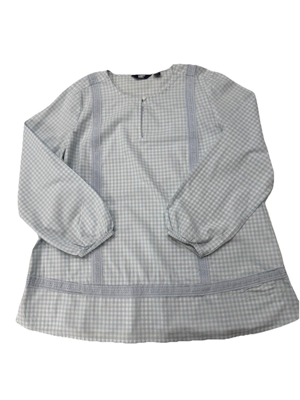 Lands’ End Women’s Blue Gingham Tunic Top Sz L Long Sleeve Split Neck Lighweight